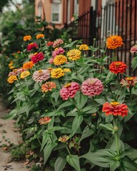 Naklejka premium Colorful Zinnia Flowers Along Urban Sidewalk