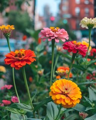 Colorful Zinnias Blooming in Urban Garden