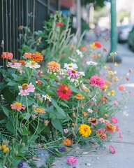 Naklejka premium Colorful Flowers Bloom Along Urban Sidewalk