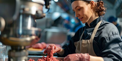 Woman working in a butchery, wearing protective clothes and gloves, putting minced meat into a meat grinder, Generative AI