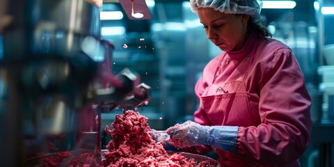 Woman working in a butchery, wearing protective clothes and gloves, putting minced meat into a meat grinder, Generative AI