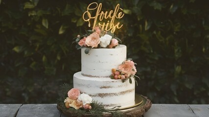 A mouth-watering photo of a beautifully designed cake. The cake features multiple tiers adorned with delicate floral fondant decorations, cascading flowers.