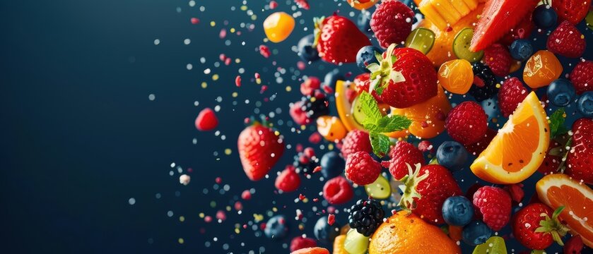Futuristic visual of fruit ingredients exploding in a hightech digital design with copy space