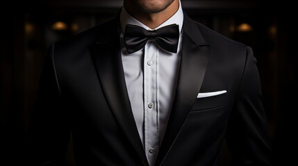 Elegant man in black suit with silk bow tie and white pocket square for formal events or business