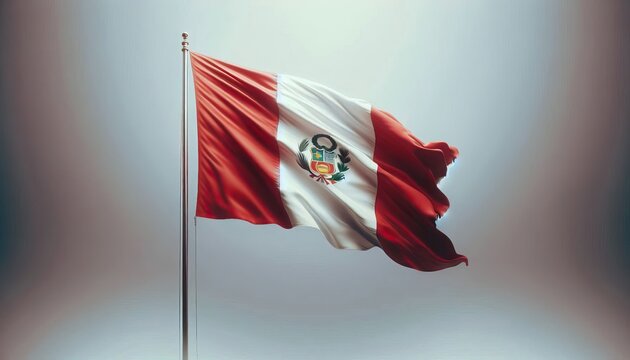 Peruvian flag waving on flagpole with light background realistic