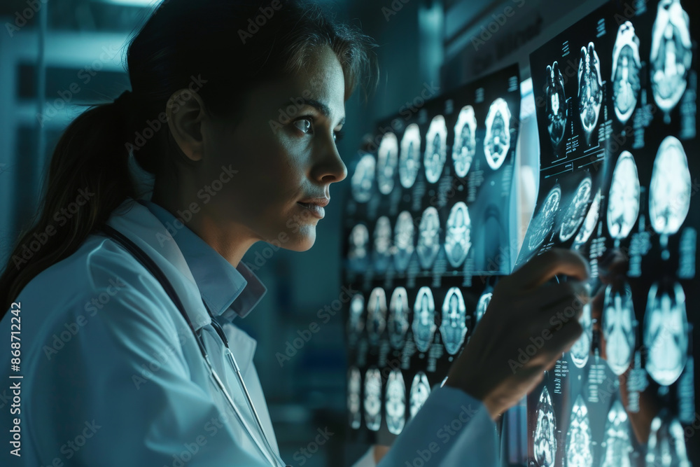 Poster a woman is looking at a computer screen with many different images of the brain