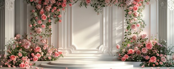 Naklejka premium Charming podium display with rose flowers, captivating background, and elegant details.,