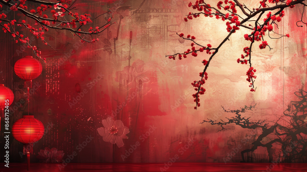 Poster a red background with a tree and lanterns