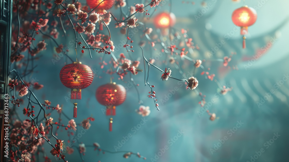 Poster a tree with red lanterns hanging from it