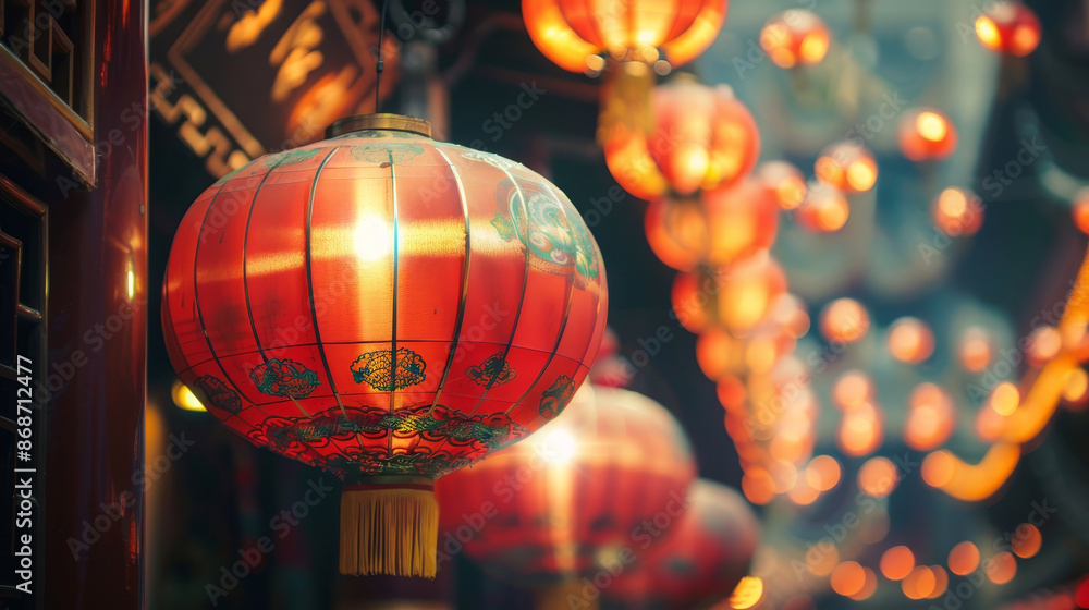 Aufkleber a row of red lanterns hanging from a building