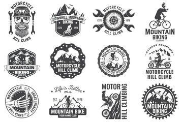 Set of Mountain biking and motorcycle hill climb collection. Vector. Concept for head badges, shirt, print, stamp or biking tourism. Vintage typography design with forest, mountain bike, motorcycle