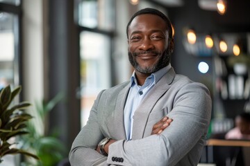 Obraz premium Smiling black executive posing with his arms crossed at the office looking at the camera, Generative AI