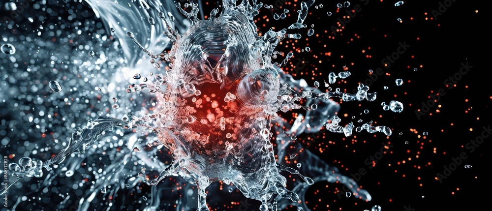 Poster hightech visual of a water explosion with dynamic digital elements and modern aesthetics with copy s