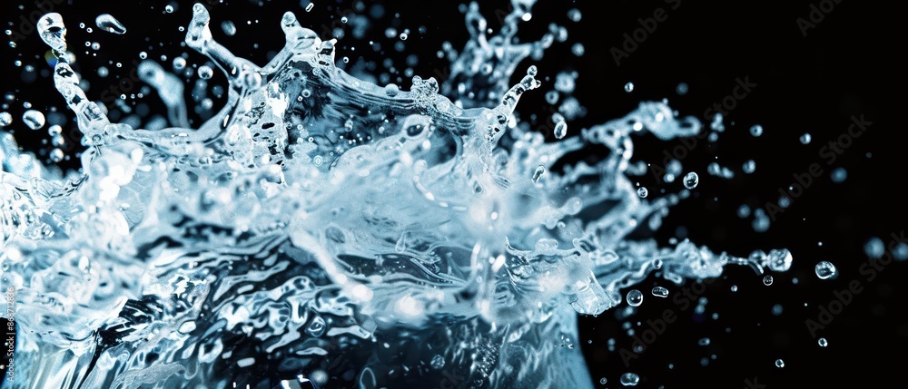 Poster hightech visual of a water explosion with dynamic digital elements and modern aesthetics with copy s