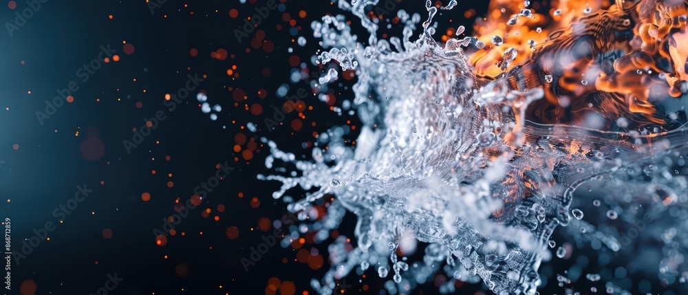 Poster hightech visual of a water explosion with dynamic digital elements and modern aesthetics with copy s