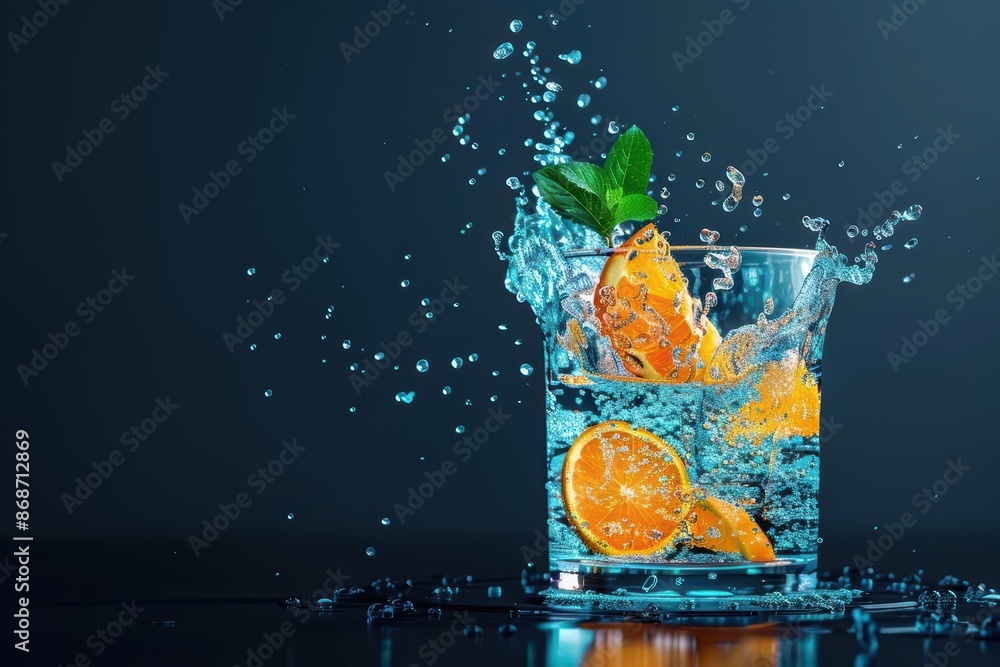 Poster hightech visual of drink ingredients with dynamic digital elements and modern aesthetics with copy s