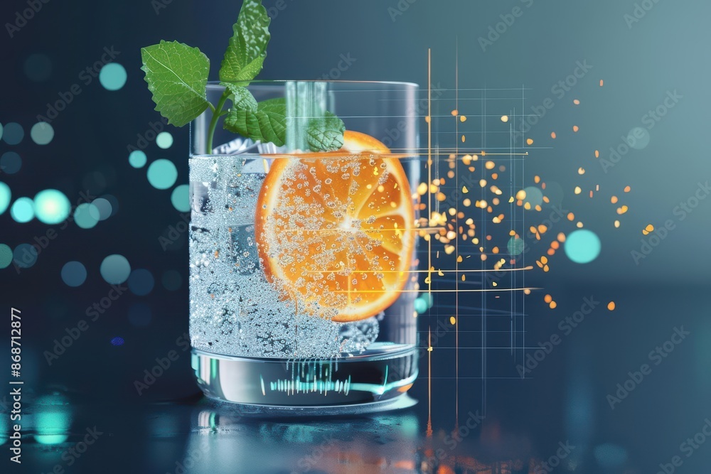 Poster hightech visual of drink ingredients with dynamic digital elements and modern aesthetics with copy s