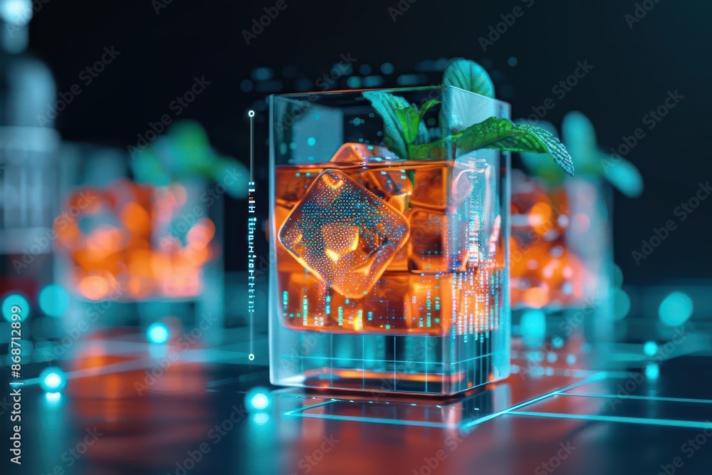 Poster hightech visual of drink ingredients with dynamic digital elements and modern aesthetics with copy s