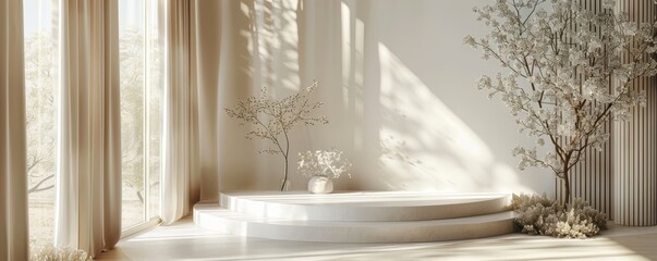 Minimalist podium display with elegant lines, neutral tones, and serene backdrop.,