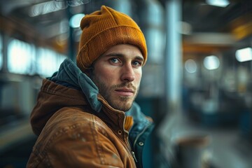 Fototapeta premium Male factory worker posing looking at the camera. Generative AI