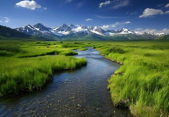 Alaskan Wilderness Stream with Snowy Peaks