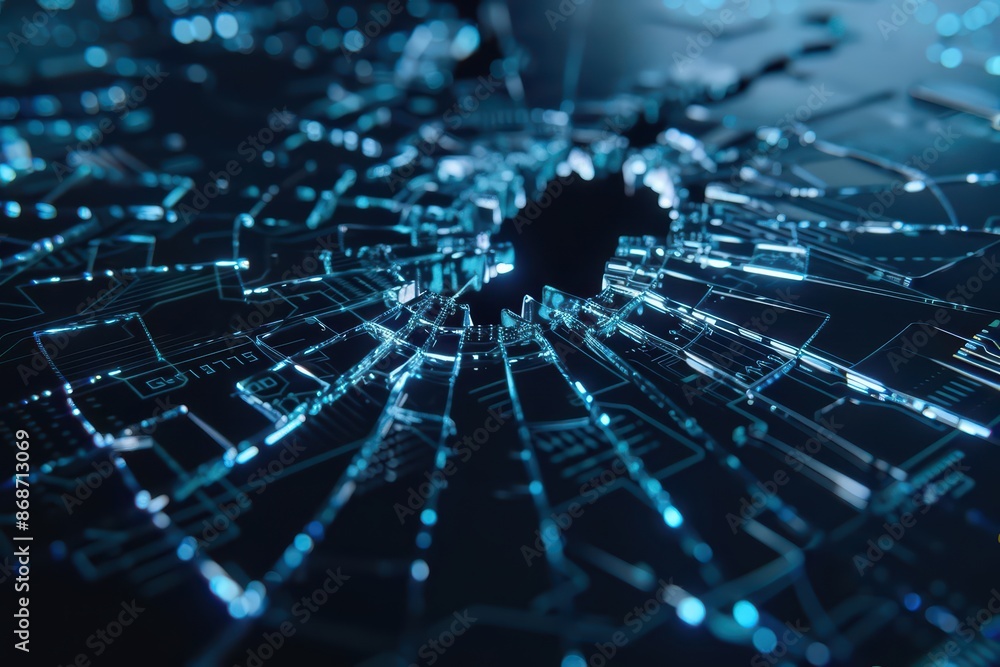 Poster minimalist depiction of a shattered computer with abstract cyber visuals and clean lines with copy s