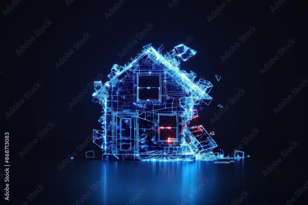 Poster minimalist depiction of a shattered smart home with abstract cyber visuals and clean lines with copy