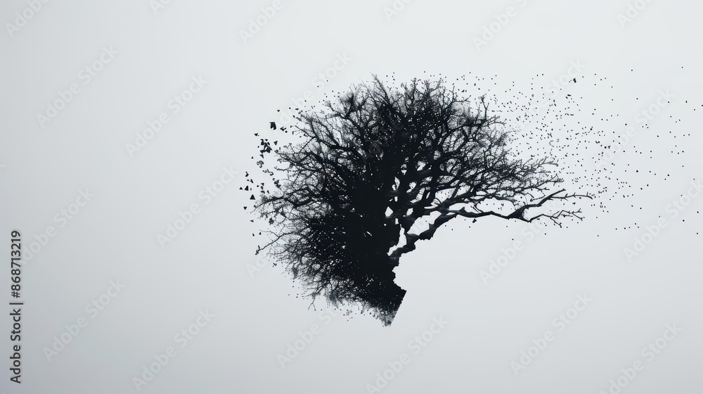 Aufkleber minimalist depiction of a shattered tree with abstract cyber visuals and clean lines with copy space