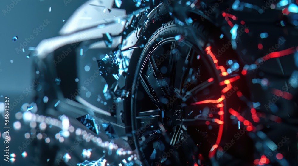 Poster minimalist depiction of a shattered vehicle with clean cyber visuals and glowing elements with copy 