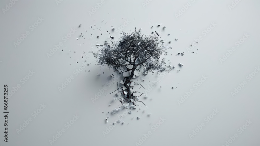 Aufkleber minimalist depiction of a shattered tree with abstract cyber visuals and clean lines with copy space