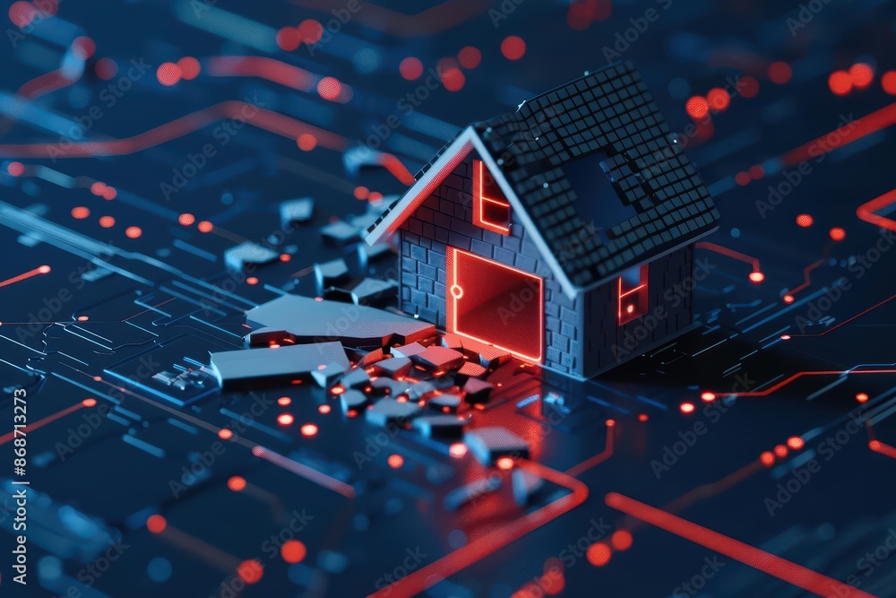 Poster minimalist depiction of a shattered smart home with abstract cyber visuals and clean lines with copy