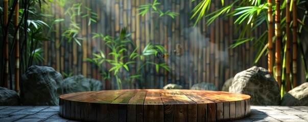 Podium background display incorporating bamboo, natural elegance, and organic textures.,