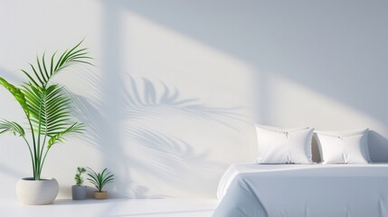 A modern white bedroom with a minimalist style, featuring clean lines and uncluttered space. The image offers plenty of copy space for customization.