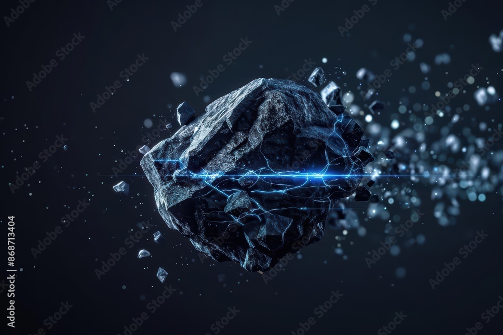 Poster minimalist depiction of a shattered stone with clean cyber visuals and glowing elements with copy sp