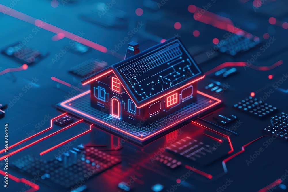 Poster minimalist depiction of a smart home with abstract cyber visuals and clean lines with copy space