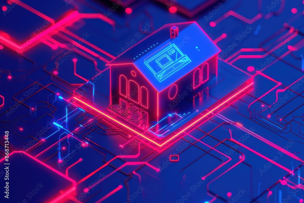 Poster minimalist depiction of a smart home with abstract cyber visuals and clean lines with copy space