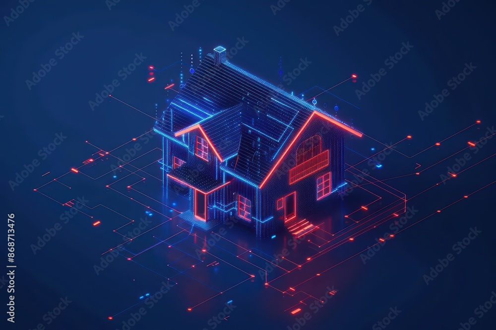 Poster minimalist depiction of a smart home with abstract cyber visuals and clean lines with copy space