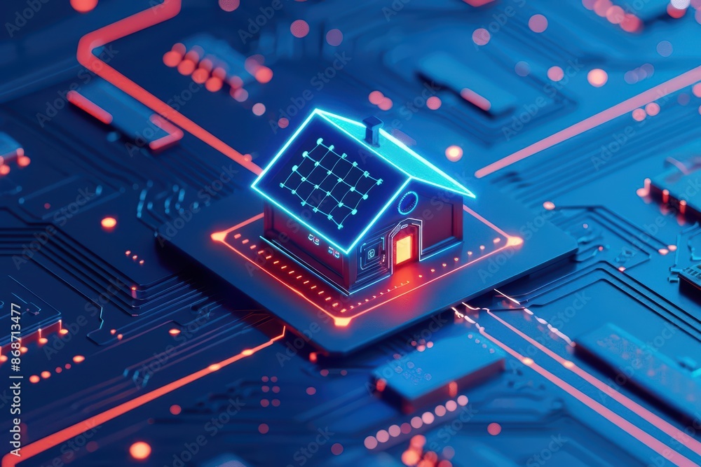 Poster minimalist depiction of a smart home with abstract cyber visuals and clean lines with copy space