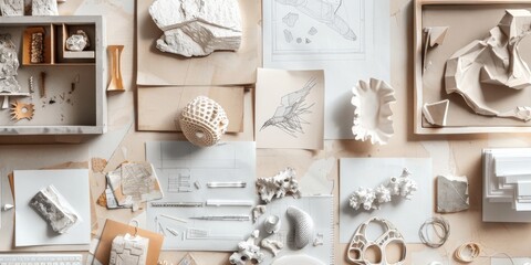 Architectural models and sketches on worktable