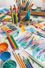 Naklejka premium Colorful art supplies and abstract painting