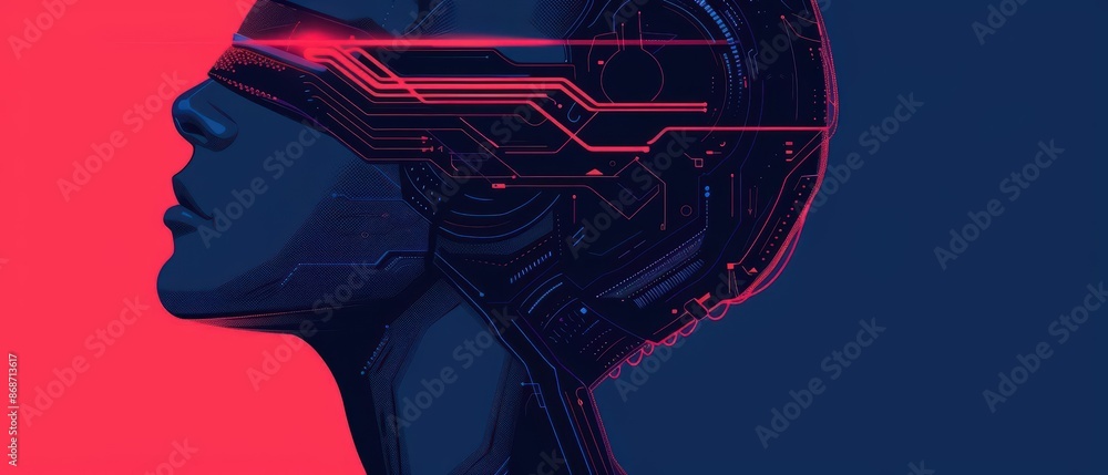 Poster minimalist depiction of cyber cosmetics with abstract visuals and clean lines with copy space