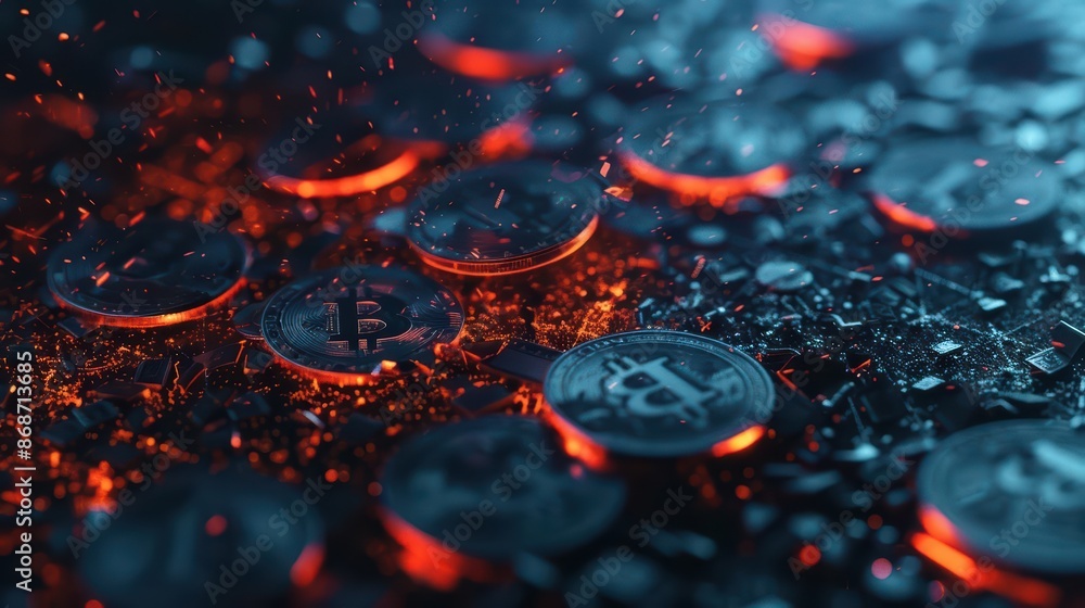 Poster minimalist depiction of shattered banknotes and coins with clean cyber visuals and glowing elements 