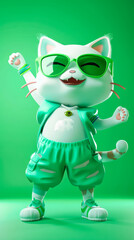 Green Cat Wearing Sunglasses and a Green Outfit Posing on a Green Background