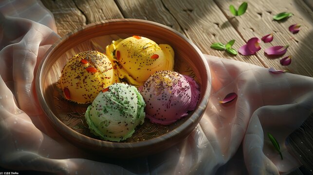 Ice cream in pista kulfa and mango flavours in a rosewood background very detailed and realistic shape
