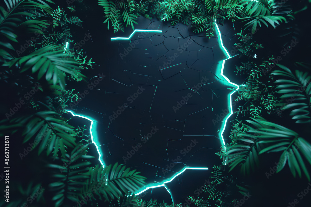 Poster minimalist depiction of shattered trees and plants with clean cyber visuals and glowing elements wit
