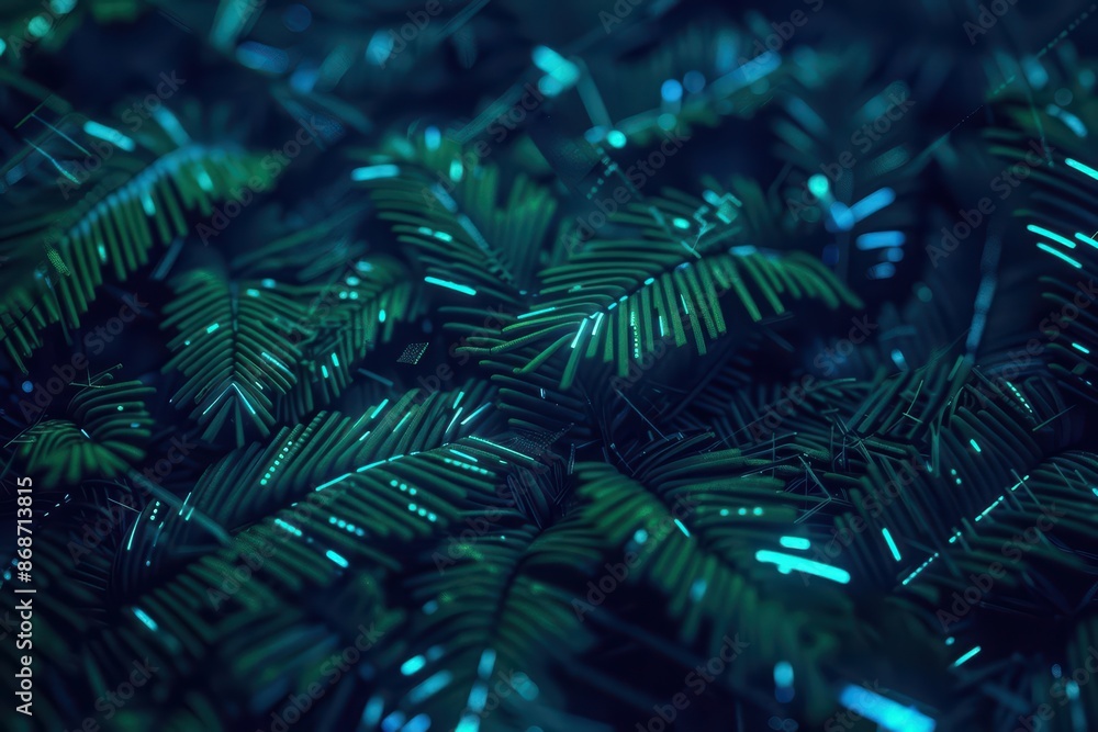 Poster minimalist depiction of shattered trees and plants with clean cyber visuals and glowing elements wit