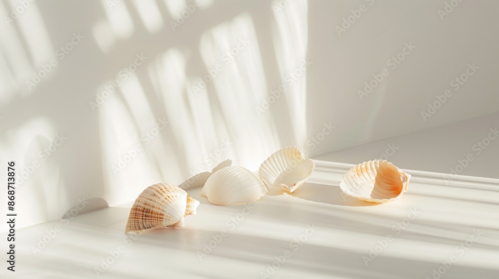 Poster Seashells In Sunlight On White Surface With Shadow Patterns