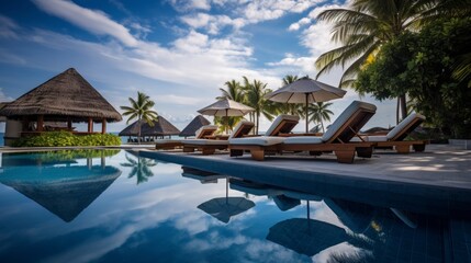 Obraz premium Luxurious tropical resort in maldives relaxing poolside views with palm trees and blue skies
