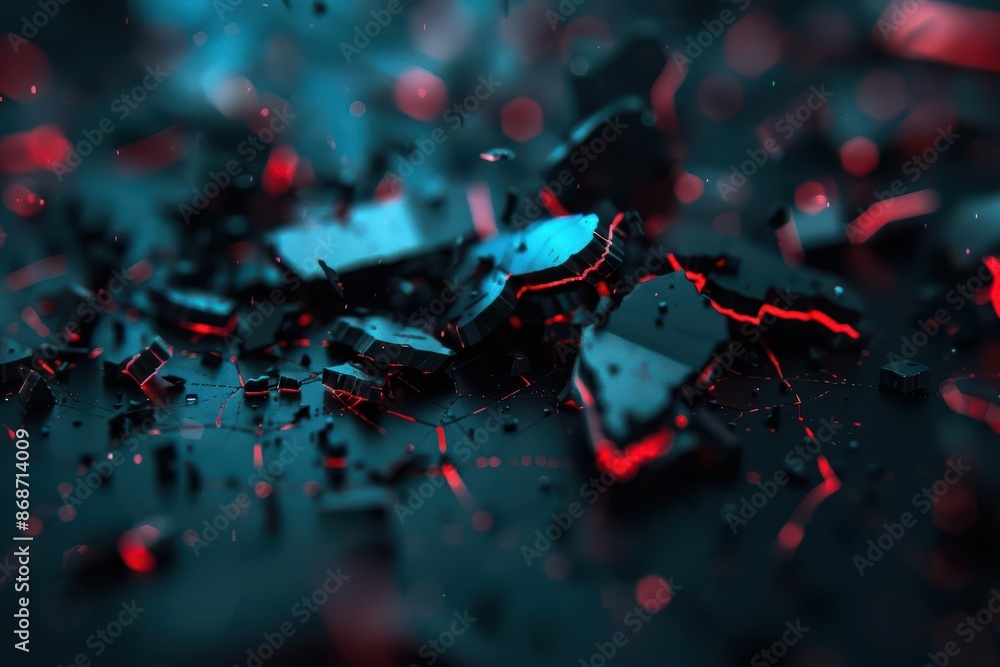 Poster minimalist depiction of shattered riches with clean cyber visuals and glowing elements with copy spa