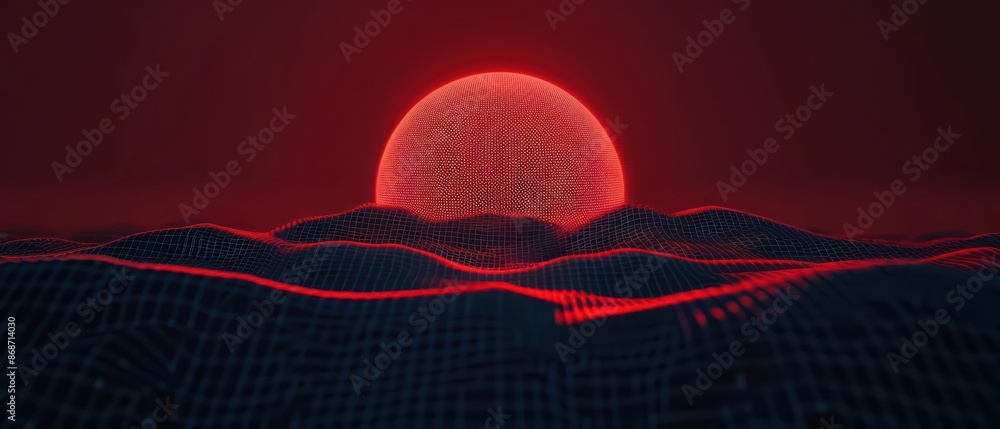 Poster minimalist depiction of the sun with abstract cyber visuals and clean lines with copy space